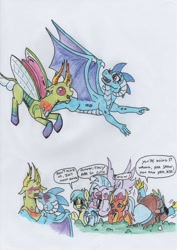 Size: 1151x1626 | Tagged: safe, artist:kuroneko, derpibooru exclusive, imported from derpibooru, gallus, ocellus, princess ember, sandbar, silverstream, smolder, thorax, yona, changedling, changeling, classical hippogriff, dragon, earth pony, griffon, hippogriff, pony, yak, awkward, blushing, blushing profusely, bush, changeling king, colored pencil drawing, dragoness, embrax, eww, female, flying, galyona, gona, interspecies, king thorax, kissing, looking at each other, male, shipping, simple background, speech bubble, stallion, straight, student six, traditional art, white background