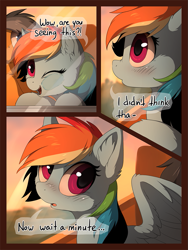 Size: 829x1100 | Tagged: dead source, safe, artist:hioshiru, imported from derpibooru, quibble pants, rainbow dash, earth pony, pegasus, pony, comic:tale road, against glass, blushing, cheek fluff, comic, cute, dashabetes, dialogue, duo, ear fluff, eyelashes, female, glass, male, mare, nose wrinkle, one eye closed, open mouth, quibbledash, shipping, smiling, speech bubble, spread wings, stallion, straight, train, wings