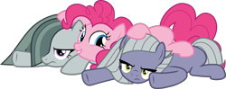 Size: 5164x2040 | Tagged: safe, artist:frownfactory, imported from derpibooru, limestone pie, marble pie, pinkie pie, earth pony, pony, the maud couple, .svg available, annoyed, female, happy, lying on top of someone, mare, pie sisters, pile, siblings, simple background, sisters, svg, transparent background, trio, vector