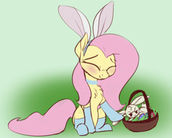 Size: 2000x1600 | Tagged: safe, artist:veesocks, imported from derpibooru, angel bunny, fluttershy, 30 minute art challenge, basket, blushing, bunny ears, chest fluff, clothes, collar, cute, easter, easter bunny, easter egg, fluffy, green background, hnnng, holiday, shyabetes, simple background, socks