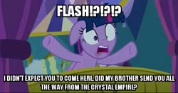 Size: 480x251 | Tagged: safe, edit, edited screencap, imported from derpibooru, screencap, twilight sparkle, alicorn, pony, school daze, exploitable meme, female, image macro, implied flash sentry, implied flashlight, implied shipping, implied straight, male, meme, solo, text, twilight sparkle (alicorn)