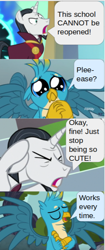 Size: 292x698 | Tagged: safe, edit, edited screencap, imported from derpibooru, screencap, chancellor neighsay, gallus, griffon, pony, unicorn, school daze, alternate ending, cute, dialogue, floppy ears, gallabetes, meme, please, puppy dog eyes, puppy-eyed gallus, resistance is futile, screencap comic