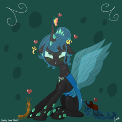 Size: 3445x3445 | Tagged: safe, artist:darkest-lunar-flower, imported from derpibooru, oc, oc:queen polistae, bee, beetle, butterfly, centipede, changeling, changeling queen, insect, wasp, blue changeling, blushing, changeling queen oc, commission, female, heart, lipstick, unamused