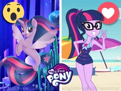 Size: 2048x1536 | Tagged: safe, imported from derpibooru, sci-twi, twilight sparkle, alicorn, seapony (g4), equestria girls, equestria girls series, forgotten friendship, my little pony: the movie, clothes, facebook reactions, my little pony logo, seaponified, seapony twilight, species swap, swimsuit, twilight sparkle (alicorn), twolight