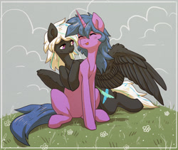 Size: 2463x2075 | Tagged: safe, artist:koviry, imported from derpibooru, oc, oc only, oc:aegis moonwalker, oc:crosswind, pegasus, pony, unicorn, cutie mark, duo, eyes closed, female, grass, mare, sitting, tongue out