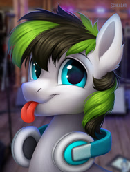 Size: 900x1200 | Tagged: safe, artist:scheadar, imported from derpibooru, oc, oc only, earth pony, pony, :p, bust, cute, headphones, male, portrait, smiling, solo, stallion, tongue out