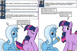 Size: 1204x800 | Tagged: safe, artist:dekomaru, imported from derpibooru, trixie, twilight sparkle, pony, unicorn, tumblr:ask twixie, ask, comic, female, lesbian, pregnant, shipping, spanish, translation, tumblr, twixie