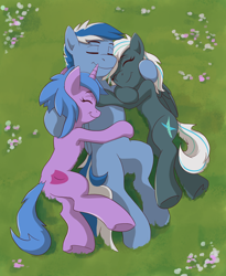 Size: 5400x6600 | Tagged: safe, artist:deannart, imported from derpibooru, oc, oc only, oc:aegis moonwalker, oc:crosswind, oc:nova breeze, pegasus, pony, unicorn, absurd resolution, cuddling, cutie mark, eyes closed, female, male, mare, stallion