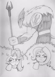 Size: 2809x3918 | Tagged: safe, artist:mayorlight, imported from derpibooru, starlight glimmer, trixie, pony, storm creature, unicorn, my little pony: the movie, bident, bush, female, grayscale, headcanon, hiding, mare, monochrome, pencil drawing, storm guard, traditional art