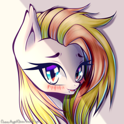 Size: 2000x2000 | Tagged: safe, artist:chaosangeldesu, imported from derpibooru, oc, oc only, oc:celestial aegis, bat pony, pony, bat pony oc, blushing, bust, ear fluff, eyelashes, fangs, female, looking at you, mare, multicolored hair, open mouth, portrait, simple background, slit eyes, slit pupils, solo, starry eyes, white background, wingding eyes
