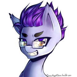 Size: 2000x2000 | Tagged: safe, artist:chaosangeldesu, imported from derpibooru, oc, oc only, oc:evening tale, bat pony, pony, bat pony oc, bust, fangs, glasses, grin, male, portrait, simple background, slit eyes, slit pupils, smiling, solo, stallion, transparent background