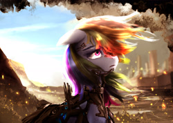 Size: 2991x2132 | Tagged: safe, artist:aidelank, imported from derpibooru, rainbow dash, cyborg, pony, female, mare, multicolored hair, sad, solo