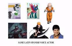 Size: 7300x4724 | Tagged: safe, imported from derpibooru, jet set, pharynx, changedling, changeling, absurd resolution, bleach (manga), dragon ball, dragon ball z, drake & josh, eduardo garza, exploitable meme, josh nicols, kayn, krillin, kurosaki ichigo, league of legends, meme, prince pharynx, same voice actor, simple background, spanish, white background