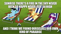 Size: 480x270 | Tagged: safe, edit, edited screencap, imported from derpibooru, screencap, applejack, rainbow dash, rarity, earth pony, pegasus, pony, unicorn, beach chair, chair, chillaxing, country song, drink, female, image macro, knee deep, lounge chair, mare, meme, song reference, sunglasses, zac brown band