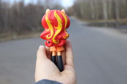 Size: 6000x4000 | Tagged: safe, artist:artofmagicpoland, imported from derpibooru, sunset shimmer, human, equestria girls, doll, equestria girls minis, hand, holding, irl, irl human, non convential approach, photo, standing, toy