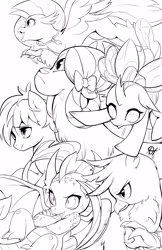 Size: 4950x7650 | Tagged: safe, artist:alts-art, imported from derpibooru, gallus, ocellus, sandbar, silverstream, smolder, yona, changedling, changeling, classical hippogriff, dragon, earth pony, griffon, hippogriff, pony, yak, school daze, absurd resolution, black and white, dragoness, female, flying, grayscale, jewelry, male, monochrome, necklace, simple background, smiling, student six, teenager, white background