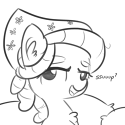 Size: 1650x1650 | Tagged: safe, artist:tjpones, imported from derpibooru, tree hugger, earth pony, pony, bandana, bust, chest fluff, clothes, dialogue, dreadlocks, ear fluff, eyebrows, female, grayscale, headscarf, mare, monochrome, scarf, simple background, solo, white background