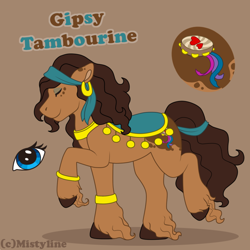 Size: 900x900 | Tagged: safe, artist:mistyline, imported from derpibooru, oc, oc only, oc:gipsy tamborine, earth pony, pony, brown background, eyes closed, female, mare, raised hoof, simple background, solo, unshorn fetlocks