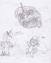 Size: 1661x2050 | Tagged: safe, artist:dilarus, deleted from derpibooru, imported from derpibooru, princess luna, scootaloo, spike, twilight sparkle, alicorn, dragon, pegasus, pony, comic:the many faces of twilight sparkle, dialogue, mask, monochrome, moon, scootaloo can fly, the legend of zelda, the legend of zelda: majora's mask, traditional art, twilight sparkle (alicorn)