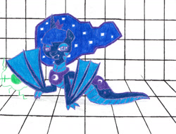 Size: 2264x1723 | Tagged: safe, artist:eternaljonathan, imported from derpibooru, part of a set, princess luna, original species, laser gun, pencil drawing, science fiction, solo, story included, traditional art, transformation, wings, wyrm