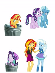 Size: 3106x4096 | Tagged: safe, imported from derpibooru, starlight glimmer, sunset shimmer, trixie, equestria girls, abuse, downvote bait, drama, female, glimmerbuse, lesbian, op is a duck, op isn't even trying anymore, sad, scaredy glimmer, shimmerbuse, shipping, simple background, starlight drama, startrix, sunset shimmer's trash can, suntrix, trash can, white background