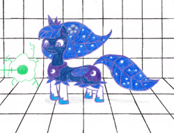 Size: 2260x1728 | Tagged: safe, artist:eternaljonathan, imported from derpibooru, part of a set, princess luna, original species, laser gun, leaf, pencil drawing, plant, science fiction, solo, story included, traditional art, transformation