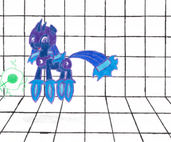 Size: 2254x1879 | Tagged: safe, artist:eternaljonathan, imported from derpibooru, part of a set, princess luna, original species, fire, flying, laser gun, pencil drawing, science fiction, solo, story included, traditional art, transformation