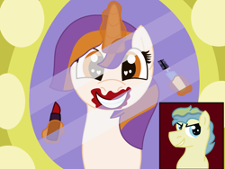 Size: 1024x769 | Tagged: safe, artist:amellia-rose, artist:kindheart525, imported from derpibooru, oc, oc only, oc:diamond mine, kindverse, big grin, cute, digital art, grin, happy, heart eyes, lipstick, mascara, mirror, next generation, offspring, parent:button mash, parent:carrot crunch, parent:petunia paleo, parent:sweetie belle, parents:sweetiemash, photo, smiling, story in the source, story included, wingding eyes