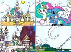 Size: 4295x3156 | Tagged: safe, artist:eternaljonathan, imported from derpibooru, princess celestia, princess luna, alicorn, comic:first three back, canterlot, castle, chariot, comic, drawbridge, flying, mountain, pencil drawing, royal guard, royal sisters, traditional art, waterfall