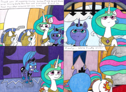 Size: 4358x3164 | Tagged: safe, artist:eternaljonathan, imported from derpibooru, princess celestia, princess luna, alicorn, pony, comic:a new twist, comic:first three back, butt, canterlot, castle, comic, doors, female, mare, pencil drawing, plot, royal guard, royal sisters, slam, sunbutt, traditional art