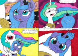 Size: 4354x3159 | Tagged: safe, artist:eternaljonathan, imported from derpibooru, princess celestia, princess luna, alicorn, comic:first three back, :<, canterlot, castle, comic, female, floppy ears, hug, mare, open mouth, pencil drawing, s1 luna, traditional art, uvula, worried