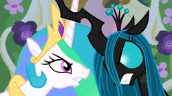 Size: 878x492 | Tagged: safe, edit, edited screencap, imported from derpibooru, screencap, princess celestia, queen chrysalis, changeling, changeling queen, angry, changeling eyes, changeling eyes edit, duo, female, looking at each other