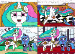 Size: 4355x3150 | Tagged: safe, artist:eternaljonathan, imported from derpibooru, princess celestia, princess luna, alicorn, comic:first three back, ballroom, canterlot, castle, comic, female, garden, magic, mare, pencil drawing, royal sisters, s1 luna, traditional art