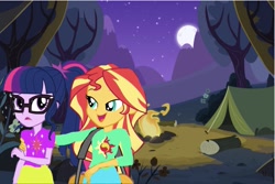 Size: 1863x1241 | Tagged: safe, editor:php77, imported from derpibooru, sci-twi, sunset shimmer, twilight sparkle, equestria girls, 1000 hours in ms paint, campfire, camping, crappy art, female, forest, lesbian, moon, night, scitwishimmer, shipping, sunsetsparkle, tent