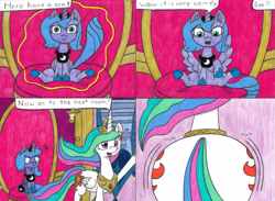 Size: 4313x3158 | Tagged: safe, artist:eternaljonathan, imported from derpibooru, princess celestia, princess luna, alicorn, comic:first three back, butt, canterlot, canterlot castle, castle, comic, female, implied weight gain, jiggle, mare, pencil drawing, plot, s1 luna, sitting, sunbutt, throne, throne room, traditional art