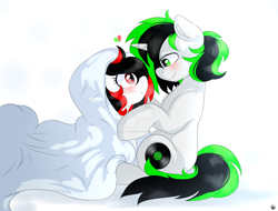 Size: 1600x1214 | Tagged: safe, artist:bl--blacklight, imported from derpibooru, oc, oc only, oc:litch, oc:ray scratch, pony, unicorn, blanket, couple, duo, female, looking at each other, male, ritch, simple background, smiling, straight, white background