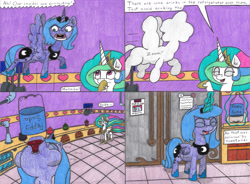 Size: 4312x3168 | Tagged: safe, artist:eternaljonathan, imported from derpibooru, princess celestia, princess luna, alicorn, pony, comic:first three back, abdominal bulge, belly, butt, canterlot, canterlot castle, castle, comic, drinking, female, flying, jar, kitchen, mare, oven, pans, pencil drawing, picture, pipe (plumbing), plot, popping, pot, refrigerator, royal sisters, slosh, soda, stomach noise, traditional art, zoom