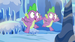 Size: 1280x720 | Tagged: safe, imported from derpibooru, screencap, spike, thorax, dragon, season 6, the times they are a changeling, cave, cavern, crystal, disguise, disguised changeling, duo, imitation, smiling, snow, tongue out, twins