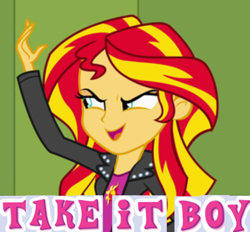 Size: 732x680 | Tagged: safe, edit, edited screencap, imported from derpibooru, screencap, sunset shimmer, equestria girls, equestria girls (movie), caption, cropped, expand dong, exploitable meme, female, image macro, lidded eyes, meme, solo