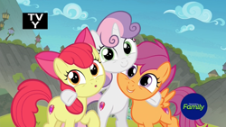 Size: 1920x1080 | Tagged: safe, imported from derpibooru, screencap, apple bloom, scootaloo, sweetie belle, earth pony, pegasus, pony, unicorn, surf and/or turf, :o, adorabloom, bipedal, bipedal leaning, cute, cutealoo, cutie mark crusaders, diasweetes, discovery family logo, female, filly, group hug, happy, hnnng, hug, leaning, looking at you, mount aris, open mouth, raised hoof, smiling, trio, trio female, wide eyes