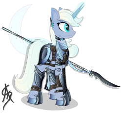 Size: 3072x2866 | Tagged: safe, artist:aleriastarlight, imported from derpibooru, oc, oc only, oc:moonbow, pony, unicorn, armor, badass, clothes, collar, commission, cutie mark background, cutie mark clothes, cutie mark on clothes, digital art, ear fluff, epic, female, glowing horn, high res, jewelry, leg strap, leggings, magic, mare, naginata, polearm, scarf, shoes, signature, simple background, solo, spear, telekinesis, transparent background, vector, weapon, wingding eyes