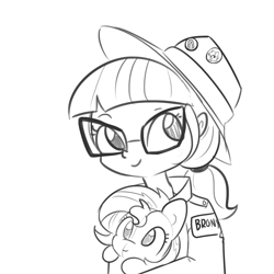 Size: 1650x1650 | Tagged: safe, artist:tjpones, imported from derpibooru, sci-twi, sunset shimmer, twilight sparkle, alicorn, equestria girls, 20% cooler, alicornified, black and white, brony, cute, female, glasses, grayscale, hat, hoofbump, looking at you, monochrome, plushie, race swap, shimmercorn, simple background, smiling, solo, twiabetes, white background