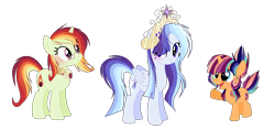 Size: 1094x516 | Tagged: safe, artist:6-fingers-lover, imported from derpibooru, oc, oc only, oc:fire ball, oc:smooth blue, oc:solar sparks, pegasus, pony, unicorn, base used, crown, female, filly, glasses, jewelry, magical lesbian spawn, mare, offspring, parent:rainbow dash, parent:sunset shimmer, parent:twilight sparkle, parents:sunsetdash, parents:twidash, regalia, simple background, transparent background