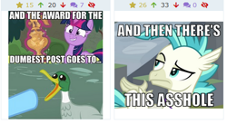 Size: 1010x554 | Tagged: safe, edit, edited screencap, imported from derpibooru, screencap, rainbow dash, twilight sparkle, duck, mallard, derpibooru, surf and/or turf, juxtaposition, juxtaposition win, meme, meta, open beak, vulgar