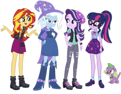 Size: 1624x1269 | Tagged: safe, editor:php77, imported from derpibooru, sci-twi, spike, spike the regular dog, starlight glimmer, sunset shimmer, trixie, twilight sparkle, dog, equestria girls, equestria girls series, mirror magic, spoiler:eqg specials, beanie, cape, clothes, counterparts, fall formal outfits, geode of empathy, geode of telekinesis, glasses, hat, open mouth, simple background, transparent background, trixie's cape, trixie's hat, twilight's counterparts, vest