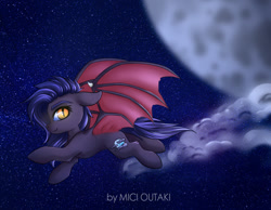 Size: 1250x969 | Tagged: safe, artist:mici124, artist:micioutaki, imported from derpibooru, oc, oc:dawn sentry, bat pony, pony, bat pony oc, cloud, cloudy, flying, moon, night, wings