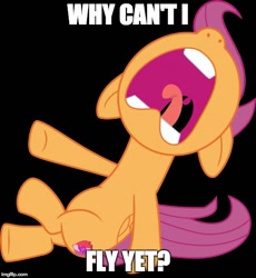 Size: 500x544 | Tagged: source needed, useless source url, safe, imported from derpibooru, scootaloo, pegasus, pony, black background, distress, distressed, female, floppy ears, image macro, meme, sad, scootaloo can't fly, scootasad, screaming, simple background, solo, uvula, writing