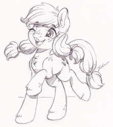 Size: 1949x2192 | Tagged: safe, artist:faline-art, imported from derpibooru, applejack, earth pony, pony, alternate hairstyle, bucktooth, cute, female, filly, freckles, happy, jackabetes, monochrome, one eye closed, open mouth, pigtails, smiling, solo, traditional art