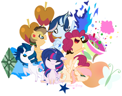 Size: 862x680 | Tagged: safe, artist:xxsakuragalaxyxx, imported from derpibooru, oc, oc:appleshy, oc:blue thunderbolt, oc:caramelized apple, oc:party cannon, oc:sapphire, oc:star sparkle, alicorn, dracony, earth pony, hybrid, pegasus, pony, unicorn, alicorn oc, base used, cutie mark background, female, interspecies offspring, mare, next generation, offspring, parent:applejack, parent:big macintosh, parent:caramel, parent:cheese sandwich, parent:flash sentry, parent:fluttershy, parent:pinkie pie, parent:rainbow dash, parent:rarity, parent:soarin', parent:spike, parent:twilight sparkle, parents:carajack, parents:cheesepie, parents:flashlight, parents:fluttermac, parents:soarindash, parents:sparity, simple background, white background