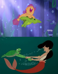 Size: 524x666 | Tagged: safe, edit, edited screencap, imported from derpibooru, screencap, scootaloo, mermaid, turtle, surf and/or turf, comparison, female, reference, sea turtle, sea-mcs, seapony scootaloo, the little mermaid, the little mermaid 2: return to the sea